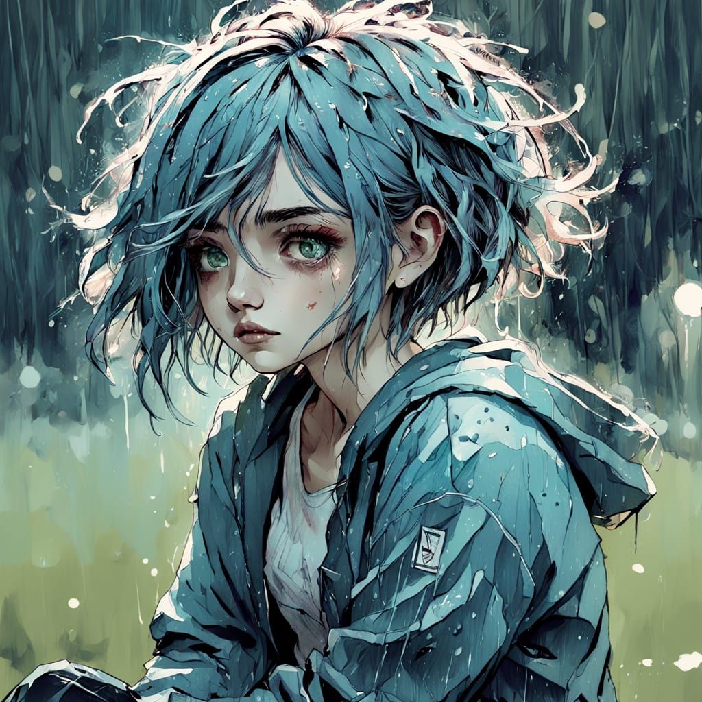 Lost in Rainy Reflections in Anime Style