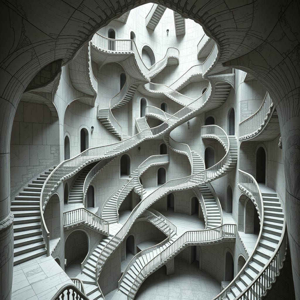 Dreamlike Impossible Architecture with Defying Staircases