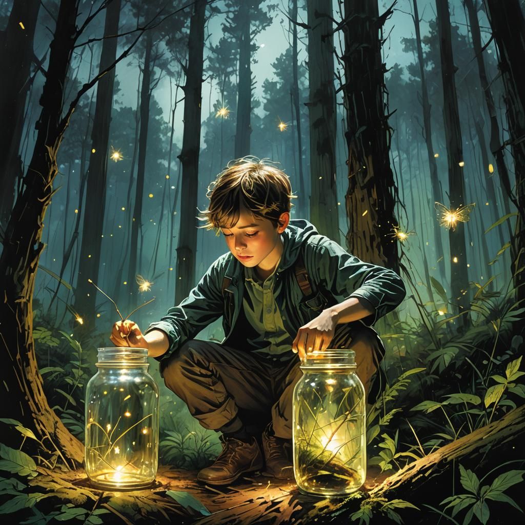 Moonlit Forest: Boy Capturing Fireflies in Comic Art Style