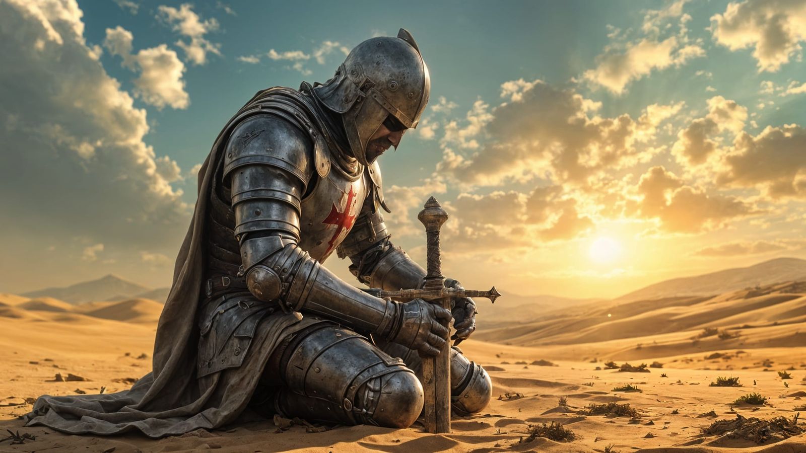 Weary Templar Knight in Desert Prayer