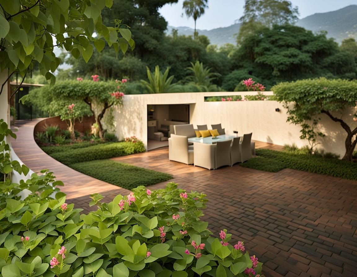 Outdoor Space with Brick, Plants and Water Feature