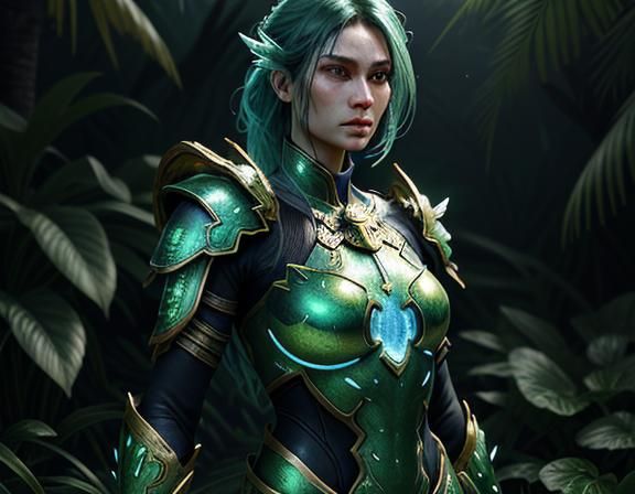 Female Amphipioid Warrior in Mystical Temple, 3D Render