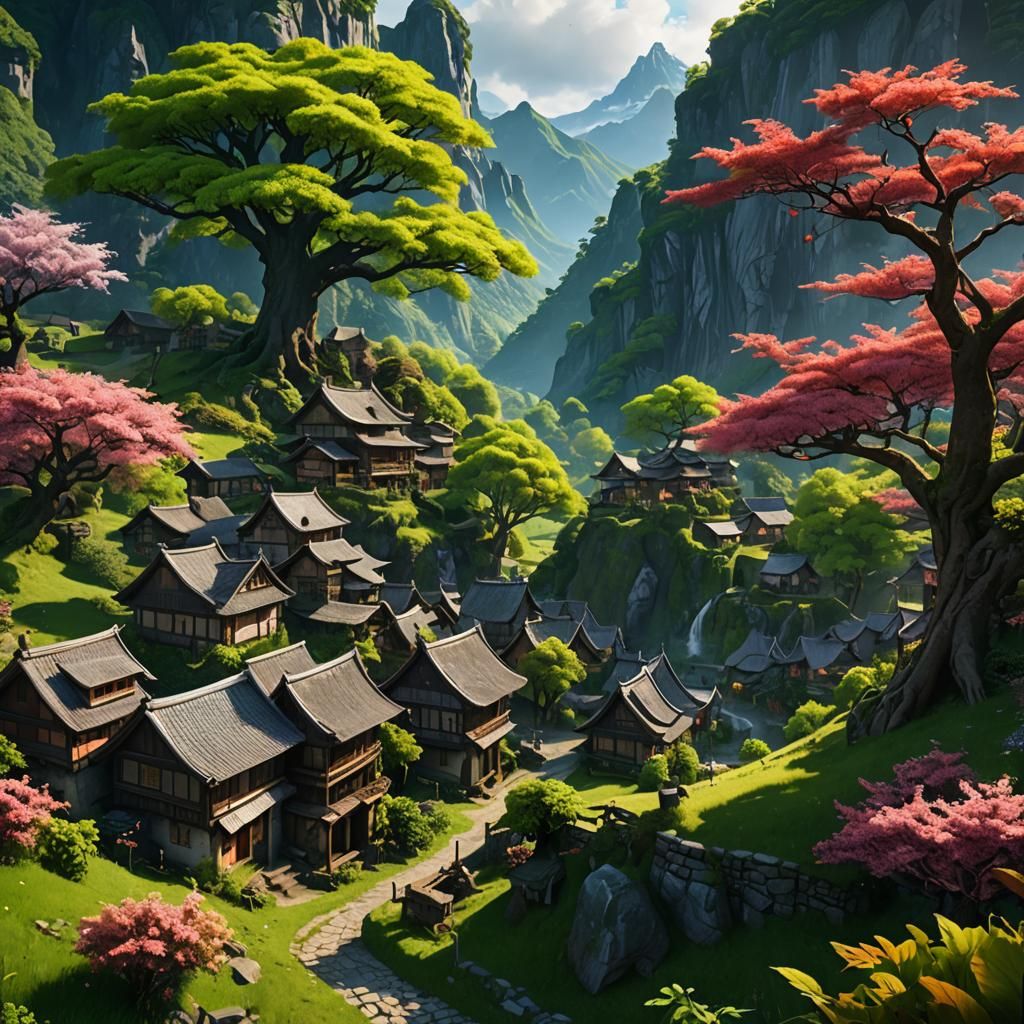Mountain Village with Cherry Tree: Fantasy Concept Art