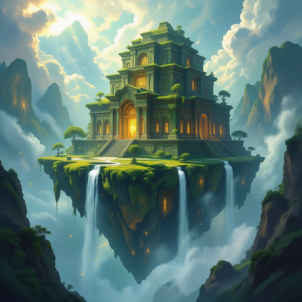 Ancient Floating Island Library in Nebula, Fantasy Art