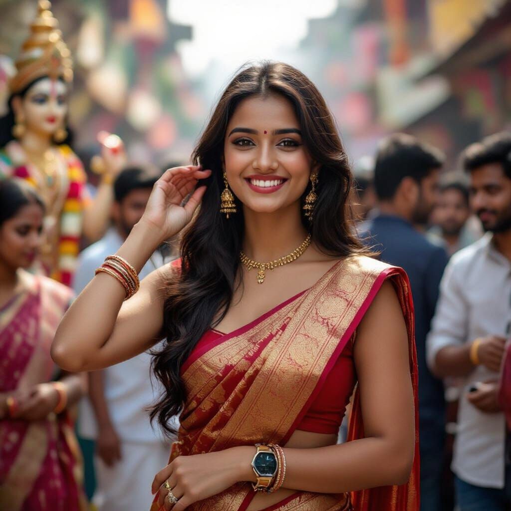 Bengali Woman in Durga Puja, Classical Painting Style