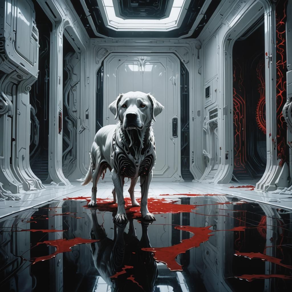 Crimson Dog in White Room: Dark Surrealism
