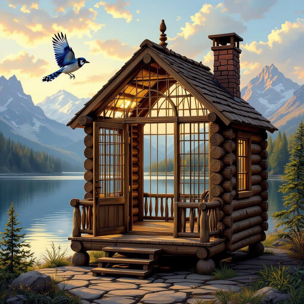 Rustic Log Cabin Birdcage with Blue Jay in Mountains