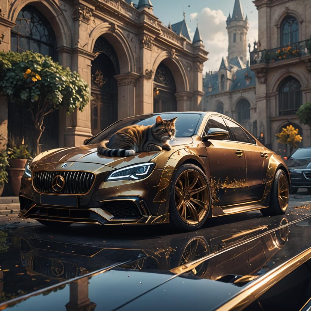 Cat Nap on a Luxury Car: Detailed Matte Painting