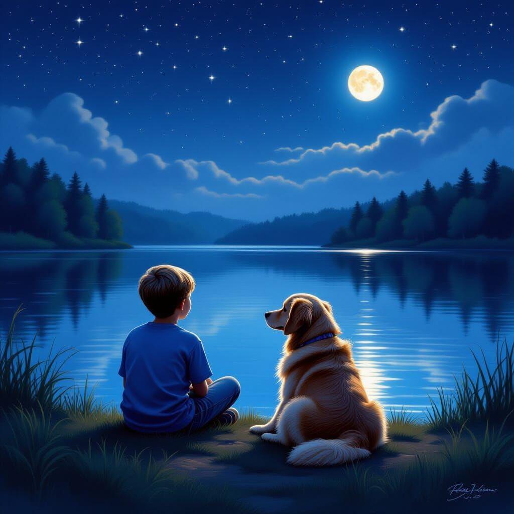 Boy and Dog Watch Starry Night Sky Over Calm Lake