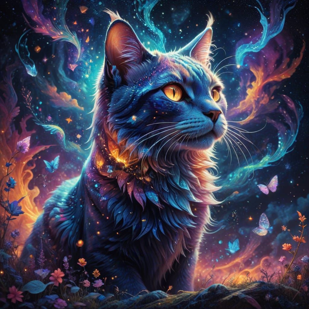 Surrealist Cosmic Cat in Vibrant Astral Realm