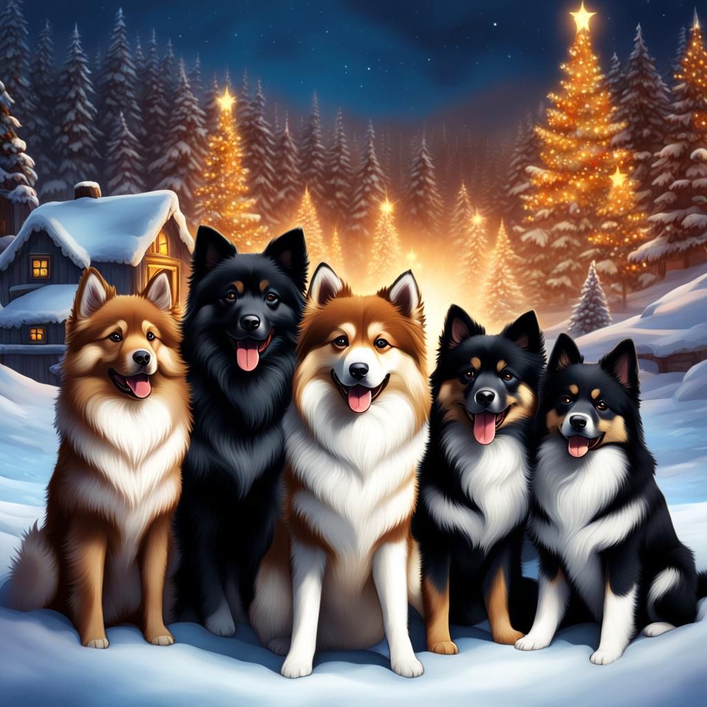 Festive Finnish Lapphunds Christmas Fantasy Art