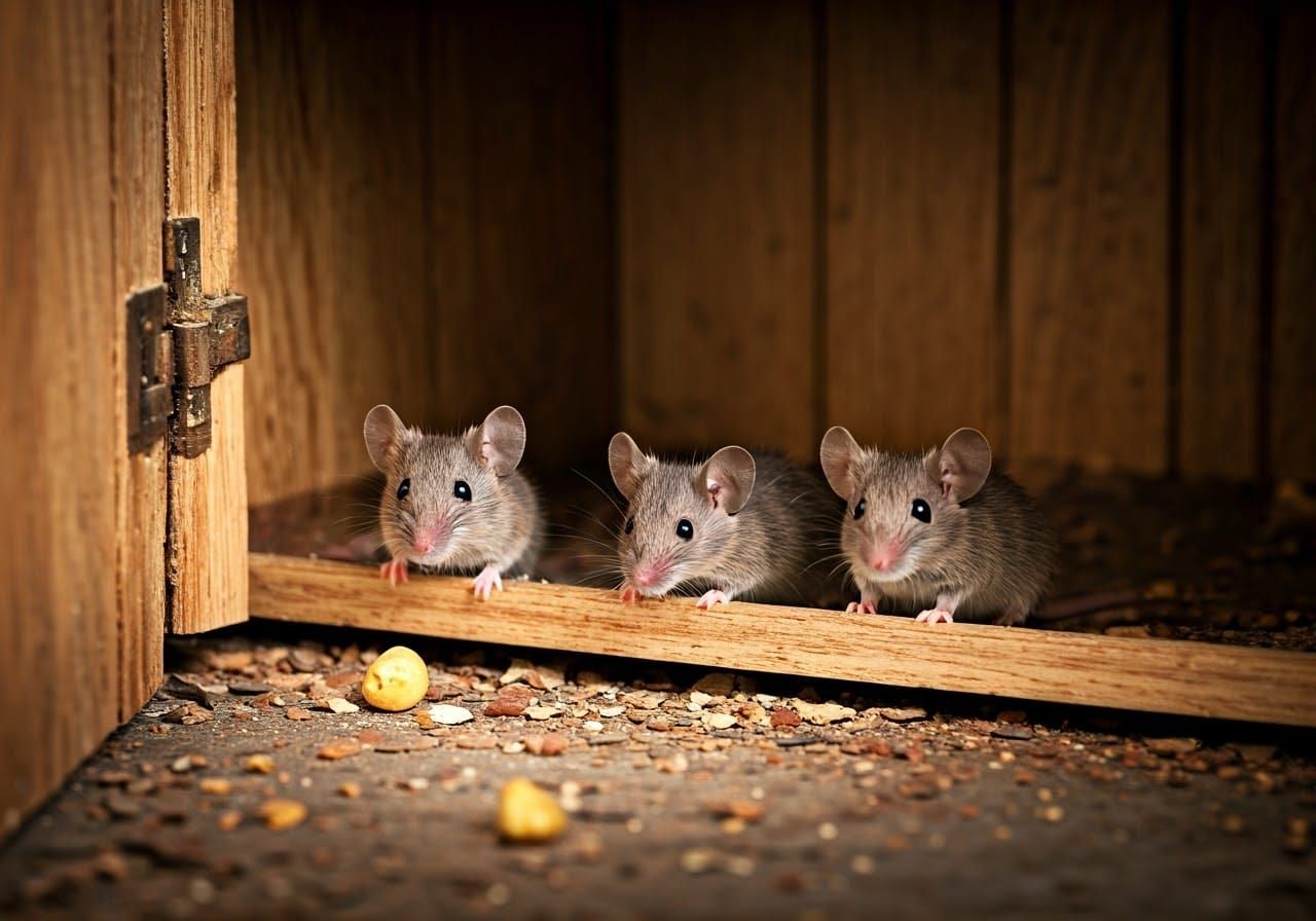 Three Adorable Mice Scavenge for Food in a Desolate Kitchen