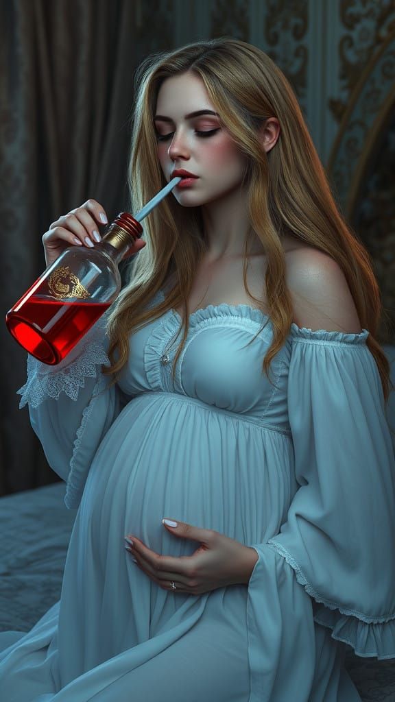 Pregnant Woman in Whimsical Fantasy Scene