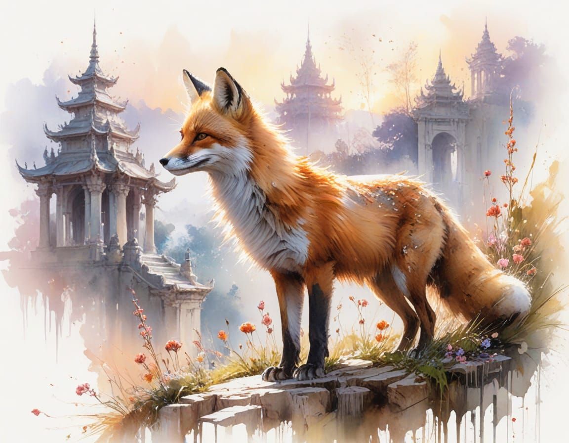 Fox in Summer Temple: Watercolour Sunset Scene