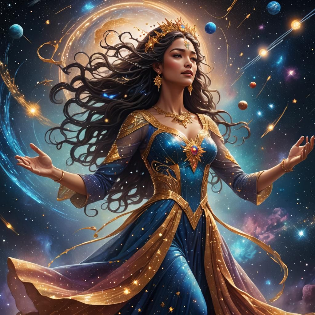 Goddess Dancing Among Stars in Hyperrealistic Style