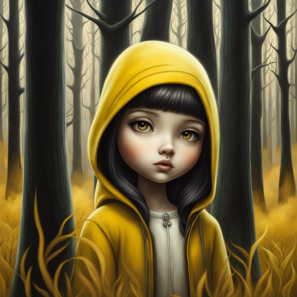 Chibi Girl in Forest: Monochrome Digital Portrait