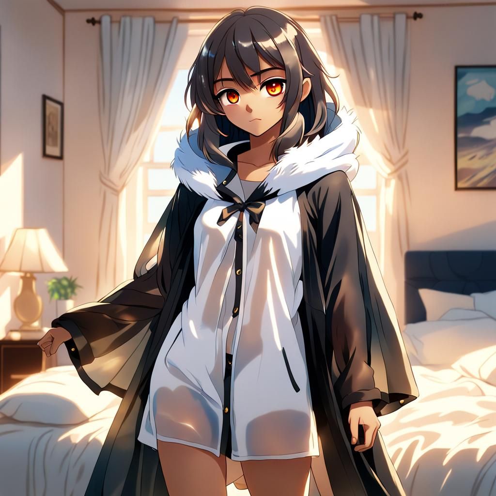Anime Woman in Sheer Sleepshirt and Fur Cloak
