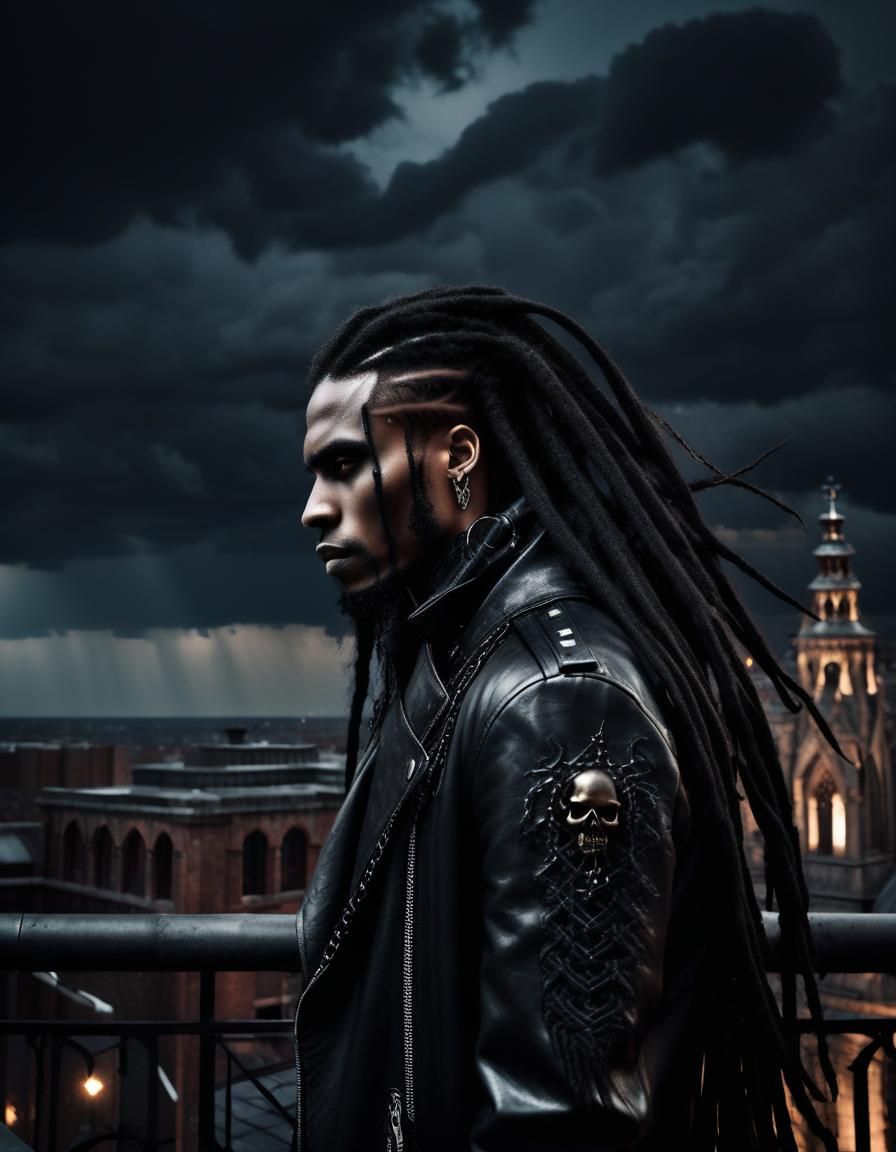 Gothic Metalhead on Rooftop at Night