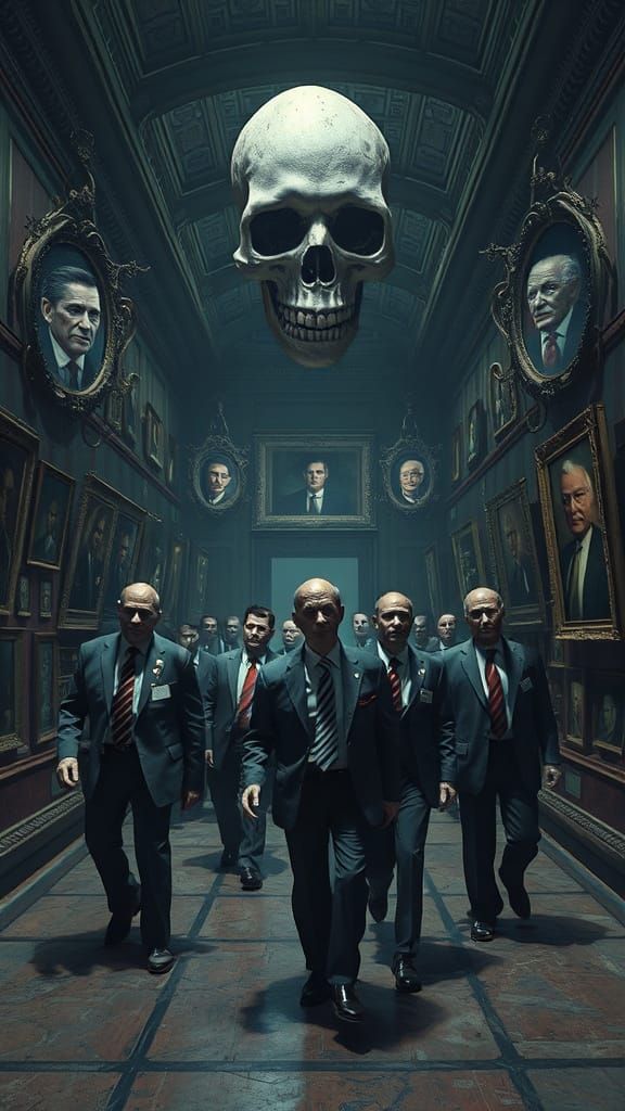 Haunted Surrealist Gallery with Ghoulish Figures in 3D Anima...