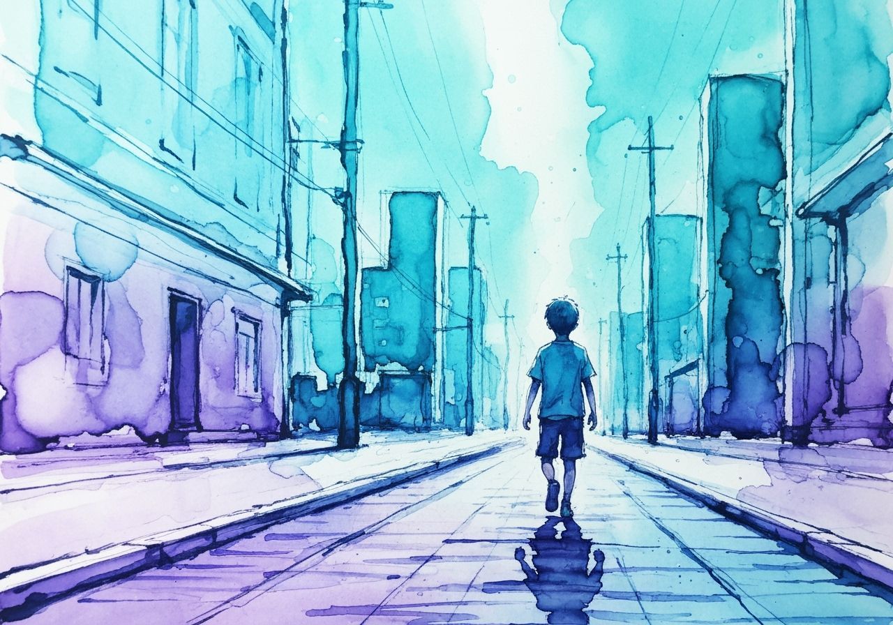 Abstract Ink Drawing of Boy Walking in City