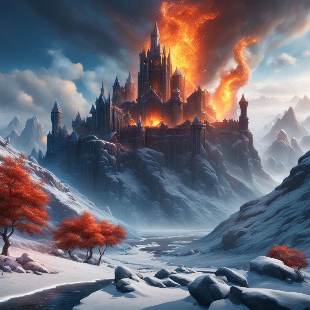 Detailed Matte Painting of Fire and Ice