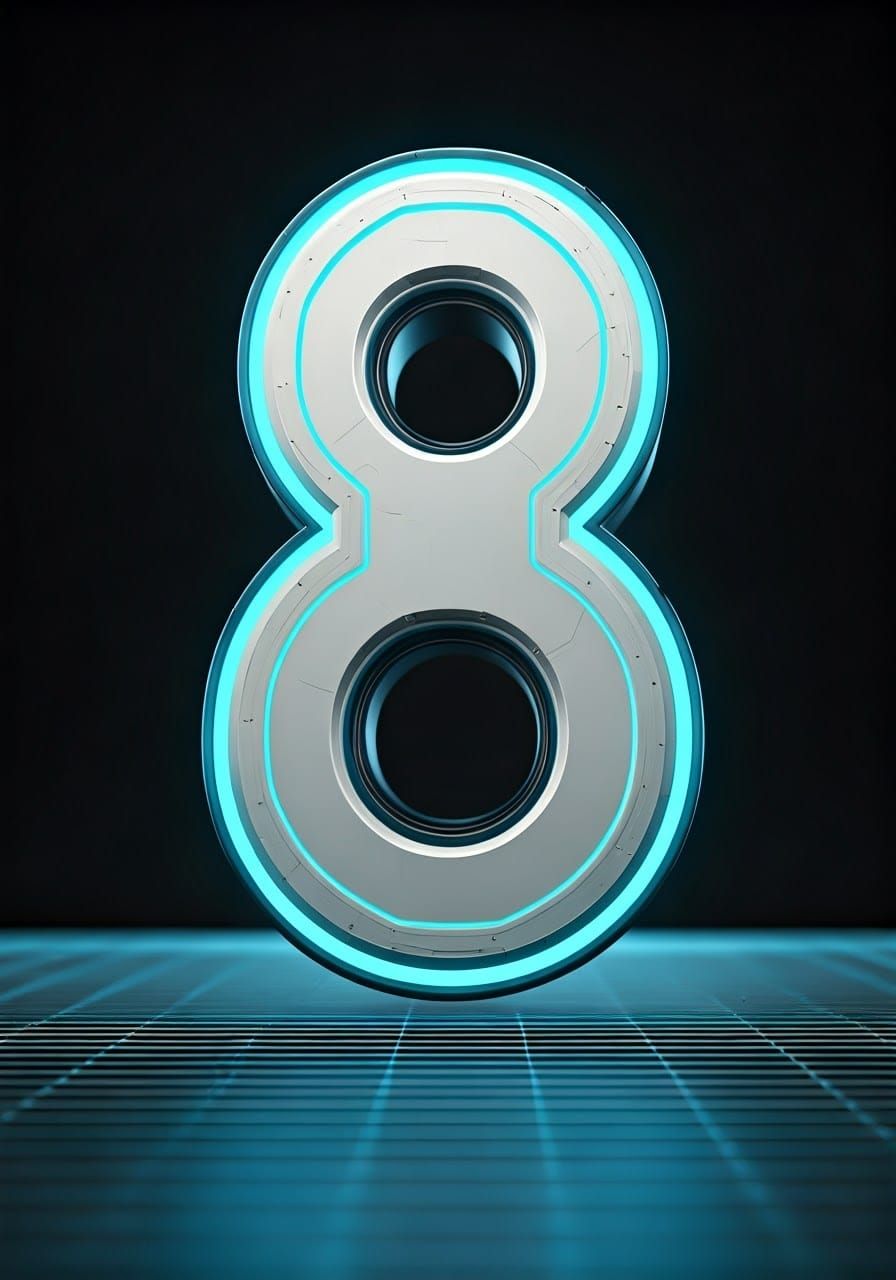 A striking number eight hovers in space, its clean white sur...