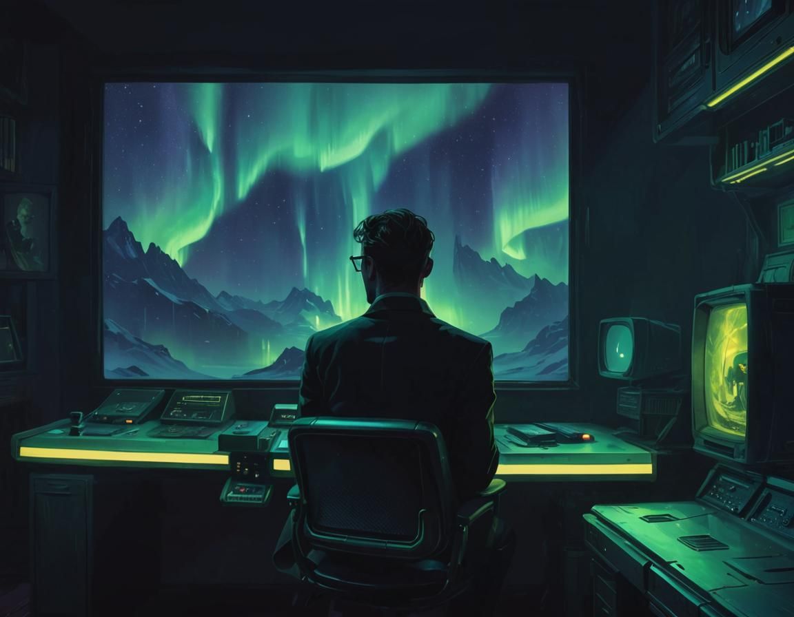 Retro-Futuristic Trader Amidst Northern Lights Concept Art