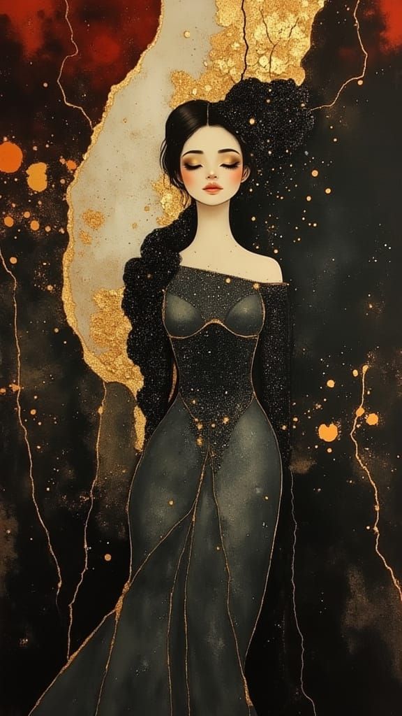 Vibrant, elegant woman with intricate details, adorned in a ...