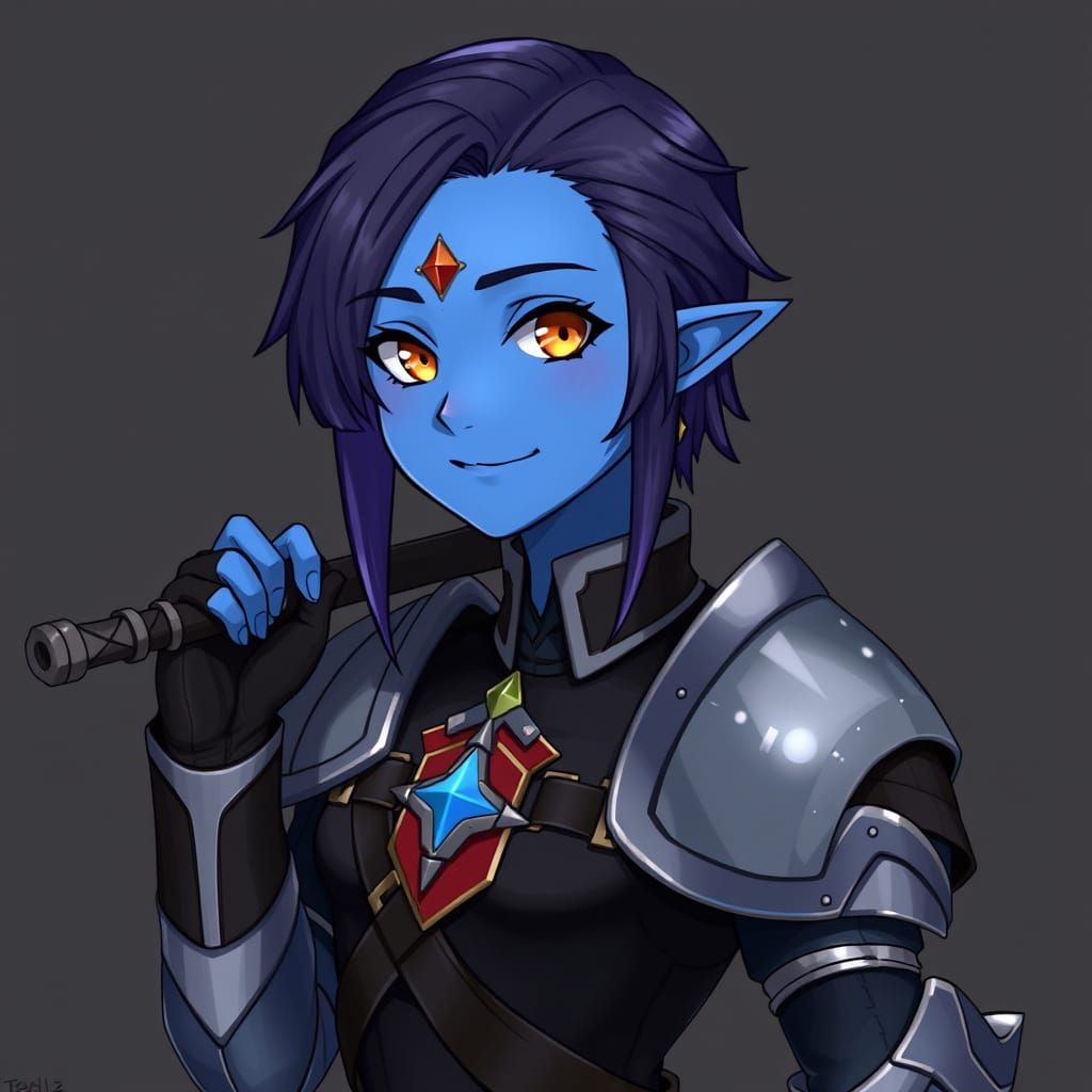 masterpiece, best quality, 1girl, solo, portrait, weapon over shoulder, gauntlets,  blue skin, hair slicked back, (sidel...