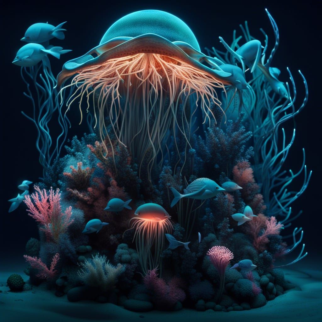 Bioluminescent Creatures in Surreal Underwater World