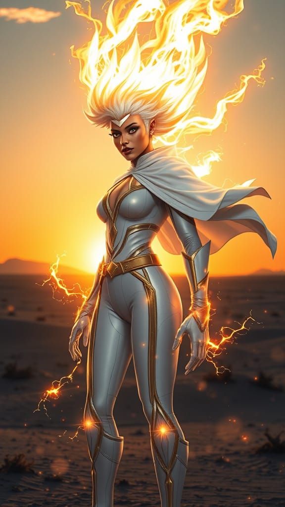 Storm of X-Men with Glowing Energy at Sunset
