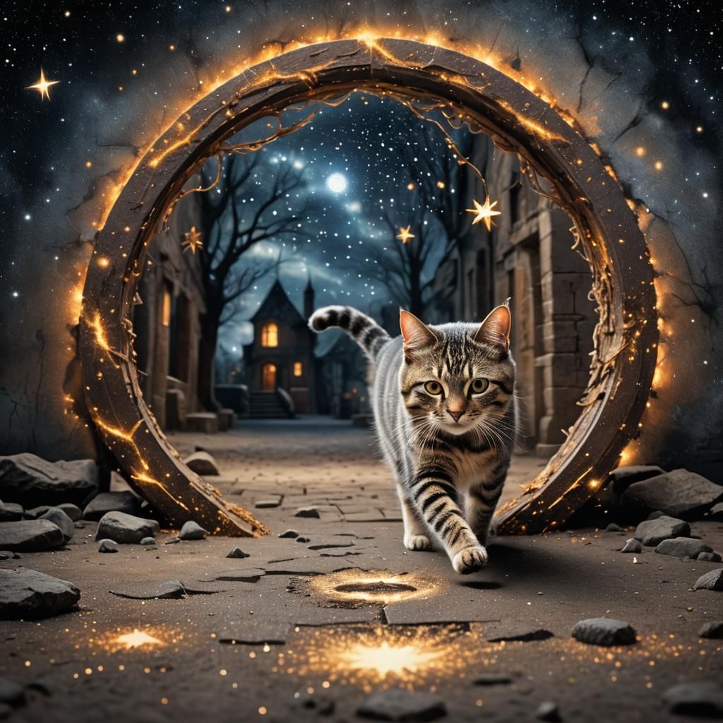 Hyperrealistic Cat Walks Through Stardust Portal