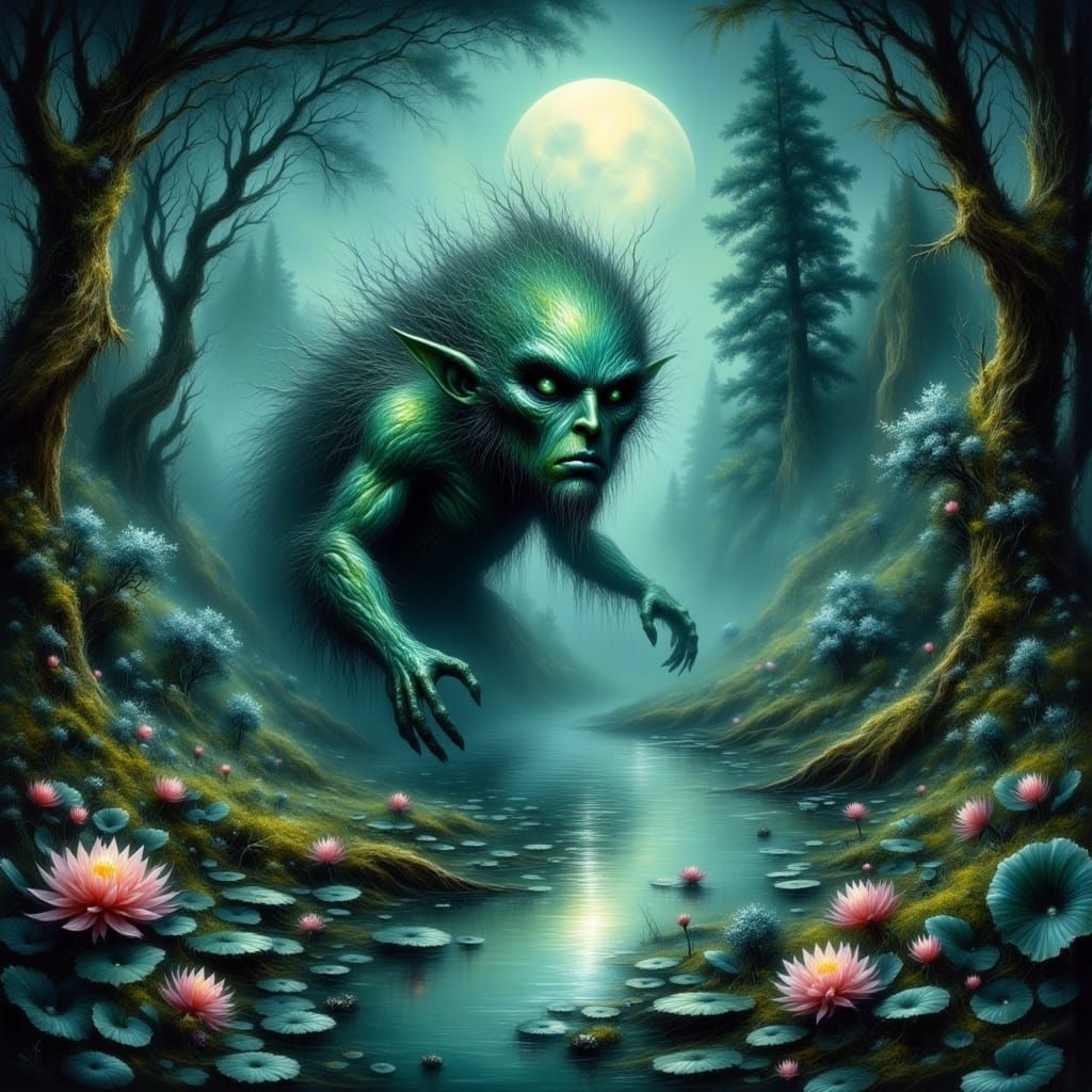 Mystical Water Ogre Emerges from Moonlit Lake in Dreamlike I...