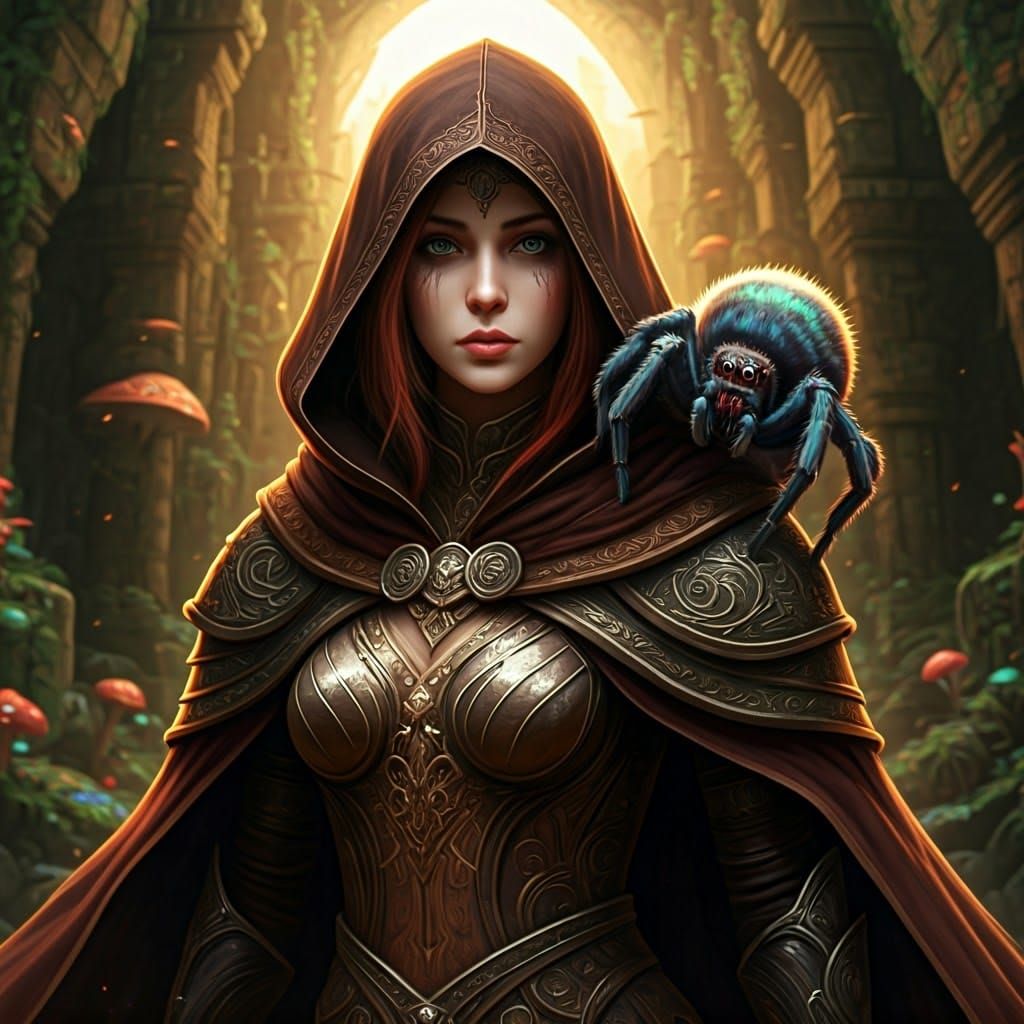 Fantasy Adventurer with Majestic Spider in Ancient Ruins