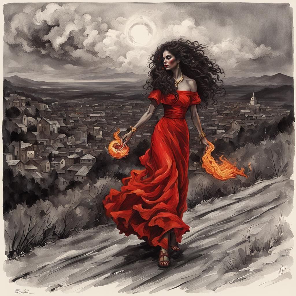 Gypsy Woman Holds Flame as Town Burns, Portrait