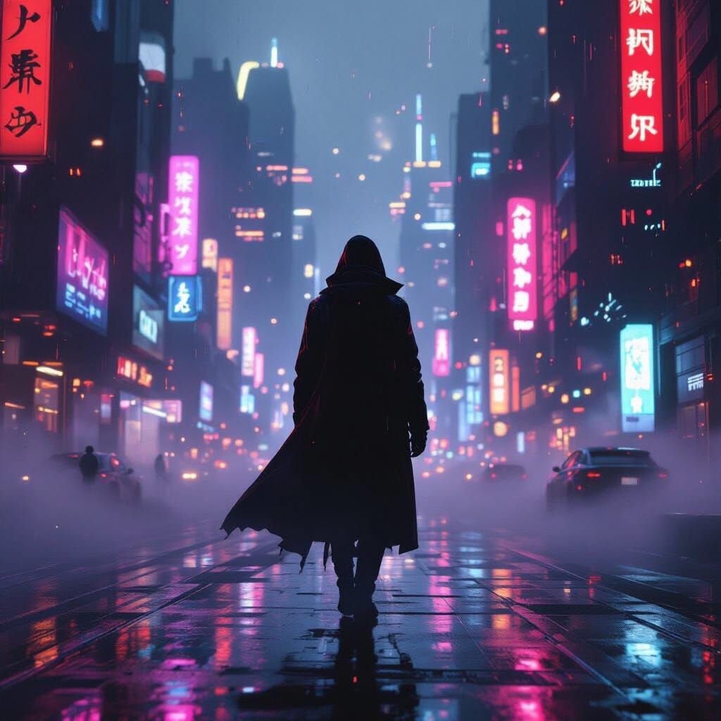 Mysterious Figure in Retro-Futuristic Cityscape