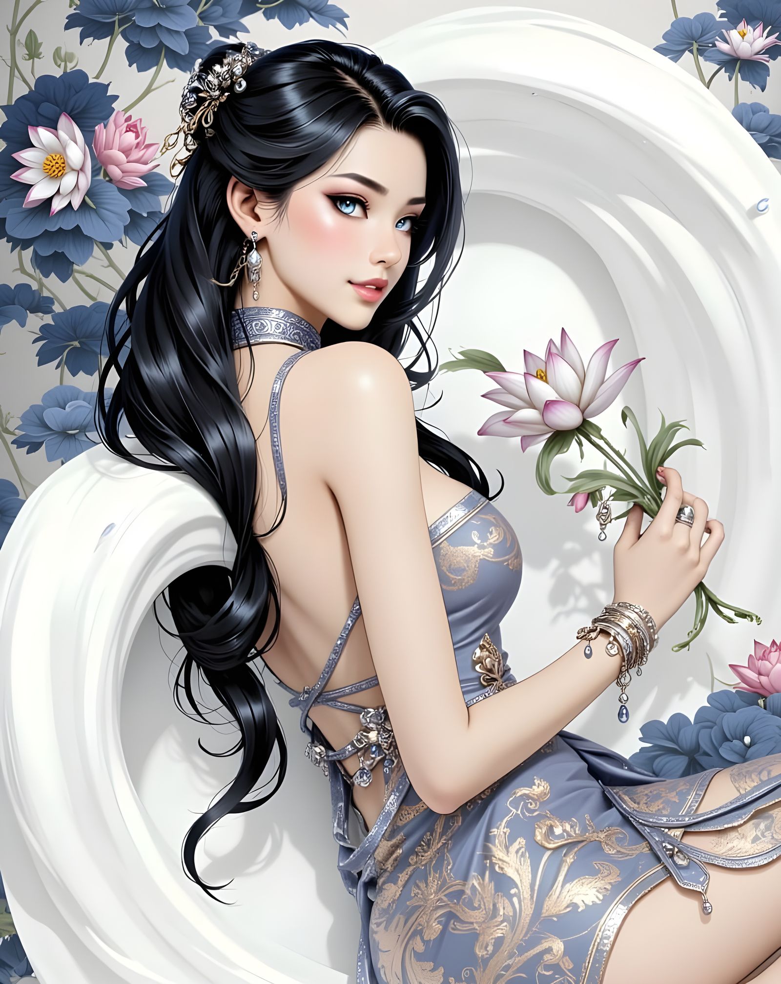Glamorous Chinese Princess with Lotus Flowers in Anime Style