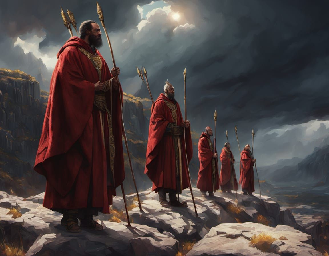 A group of figures clad in vibrant red robes stand on a rocky prominence, their backs turned towards the viewer as they ...