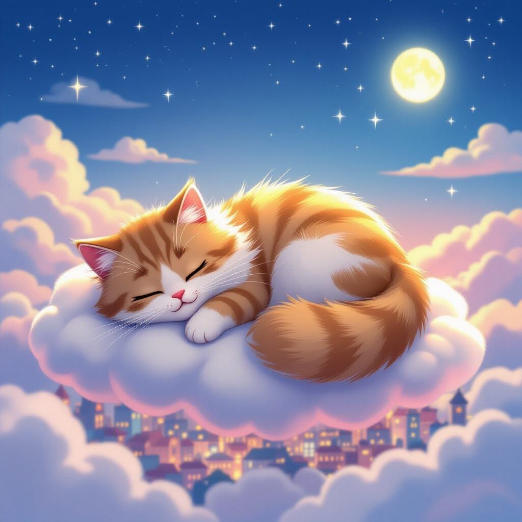 Giant Cat Napping on Cloud Above Twilight Cityscape
