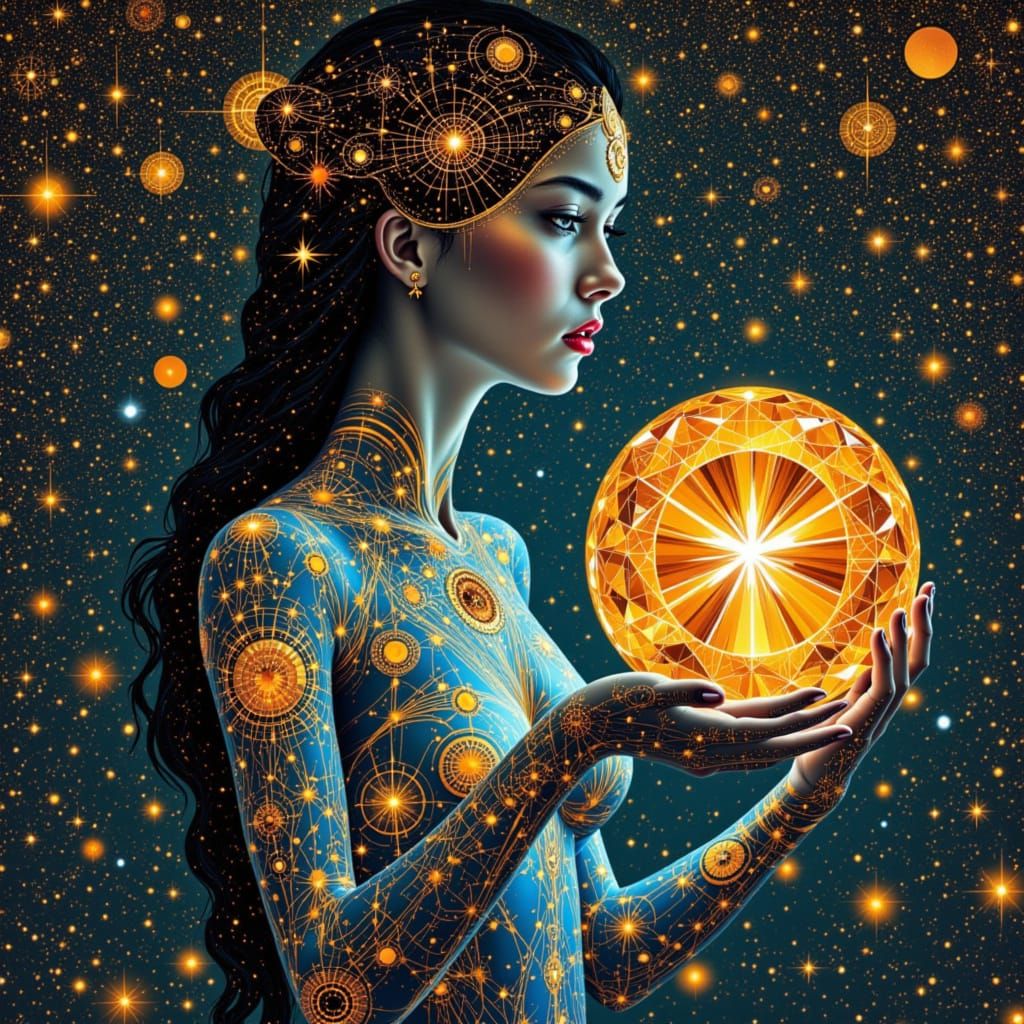 Warrior Woman with Luminous Glass Skin Holding Gemstone