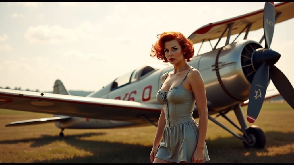 Vintage Pin-Up Girl Beside Biplane in Retro Style