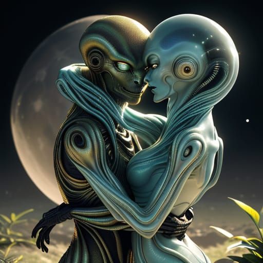 Intimate Moonlit Embrace of an Alien Couple