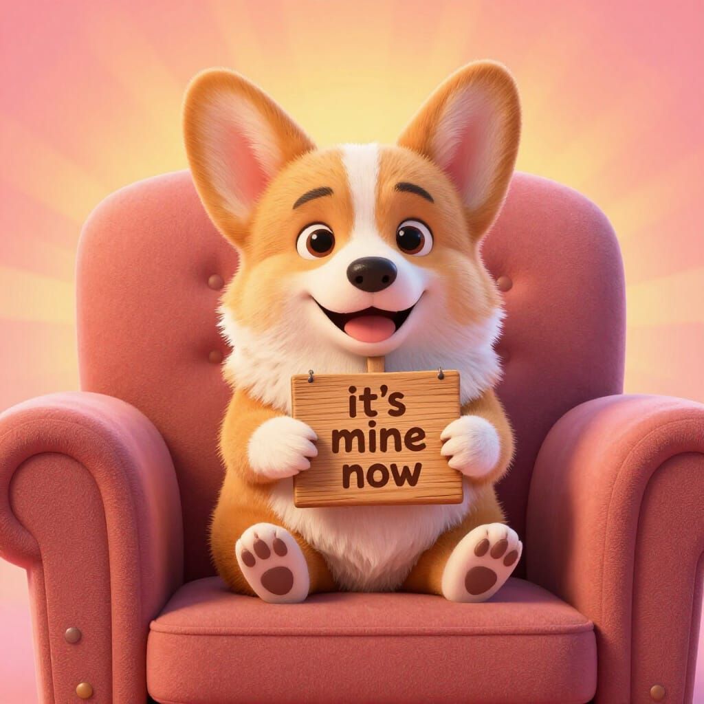 Fluffy Corgi Claims Couch in Pixar Style