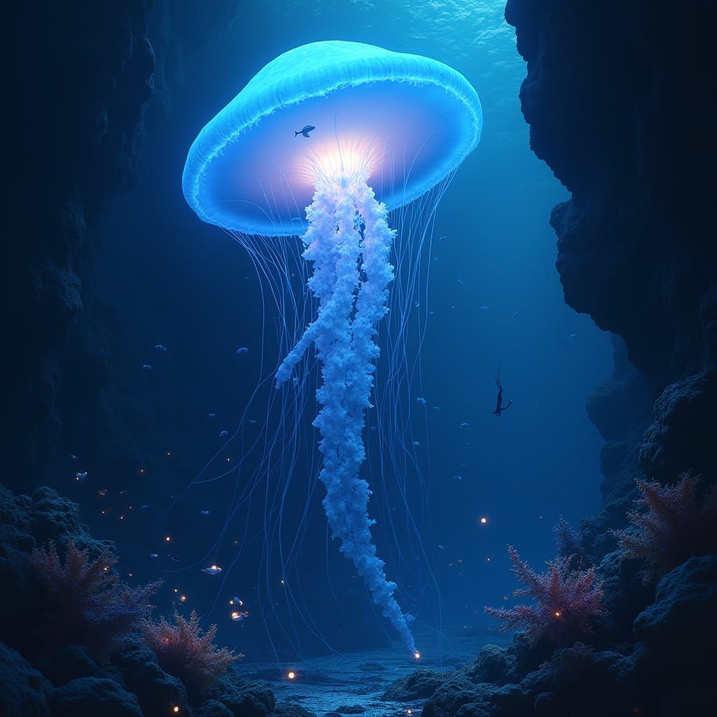 Bioluminescent Titan Jellyfish in the Deep Sea