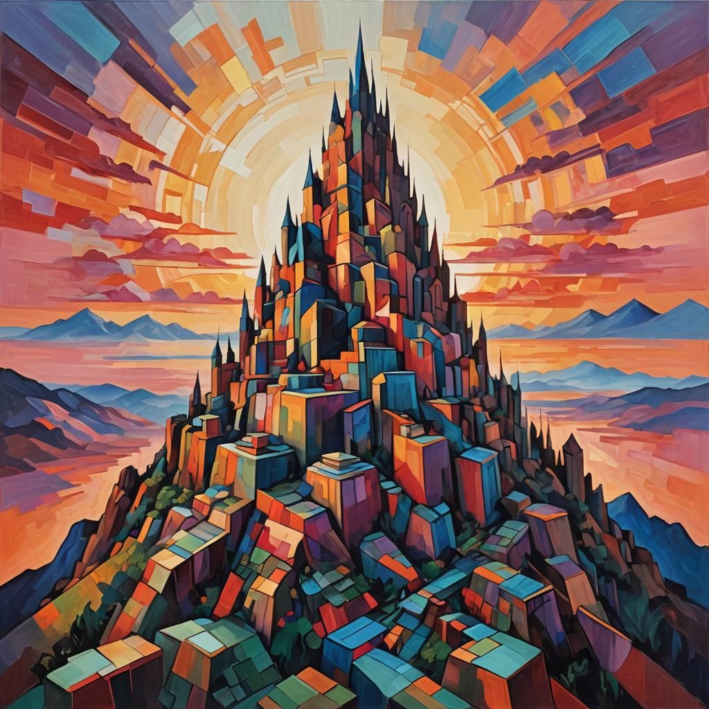 Majestic Throne on Mountain: Abstract Expressionist Art Deco