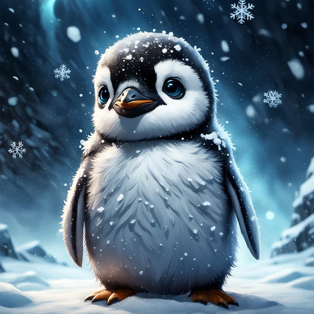 Adorable Baby Penguin with Snowflakes: 3D Anime Art