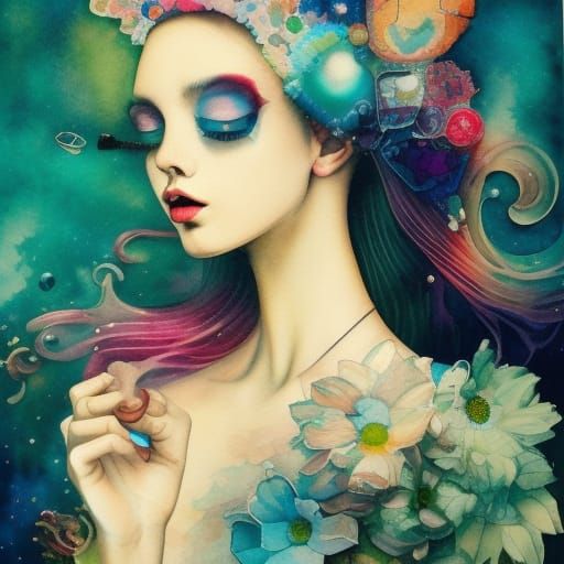 Retrofuturistic Watercolor Portrait in Geometric Style