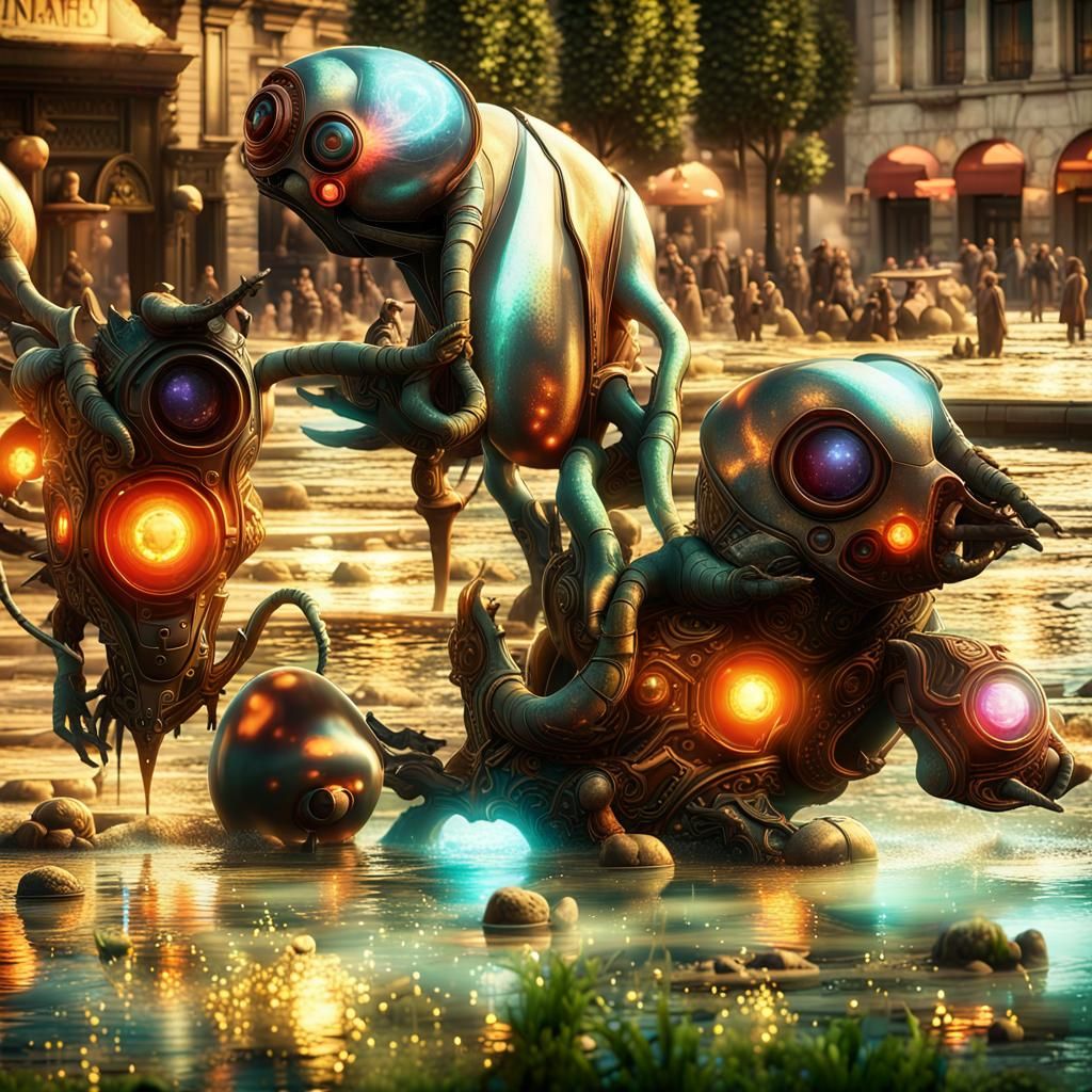 Futuristic Cityscape with Bizarre Creatures