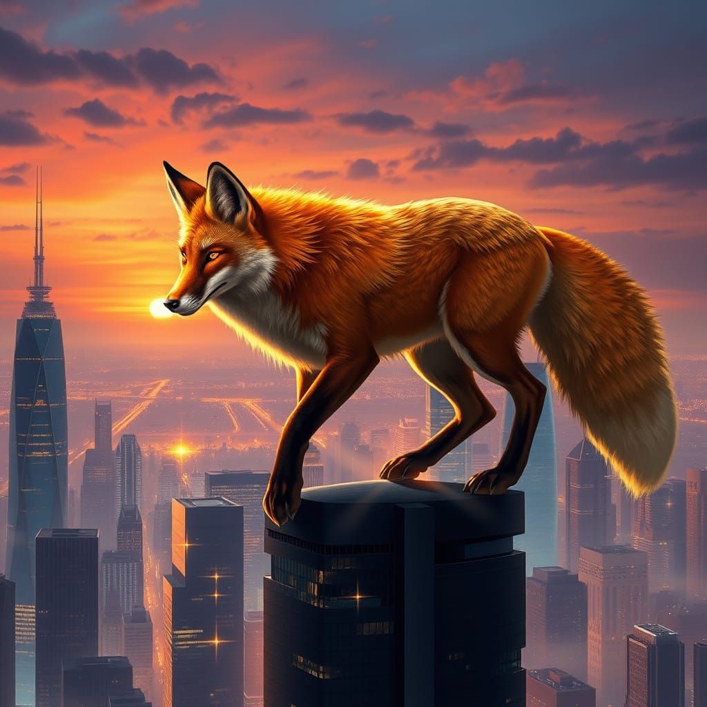 Colossal Sunset Fox Over Twilight Metropolis