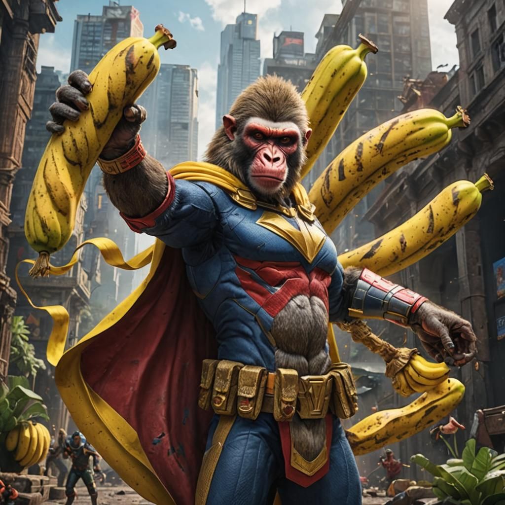 Baboon Superhero Wielding Banana: Detailed Fantasy Art